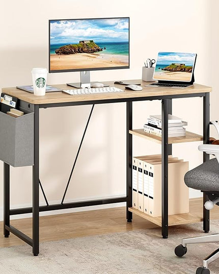 Computer Desk, 39.3” Home Office Desks, Modern Small Desk for Bedroom, Gaming Desk with Iron Hook and Height Adjustable Feet, Sturdy Student Writing Desk with Storage Bag, Storage Shelves - LeafyLoom