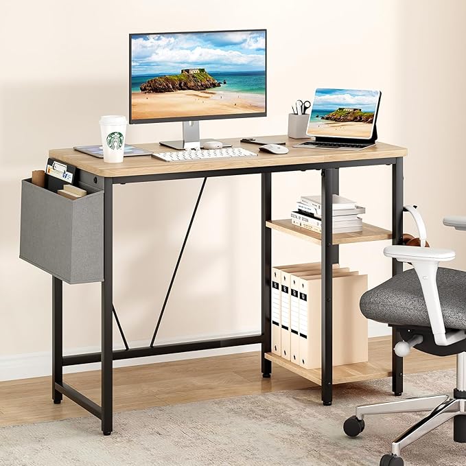 Computer Desk, 39.3” Home Office Desks, Modern Small Desk for Bedroom, Gaming Desk with Iron Hook and Height Adjustable Feet, Sturdy Student Writing Desk with Storage Bag, Storage Shelves - LeafyLoom