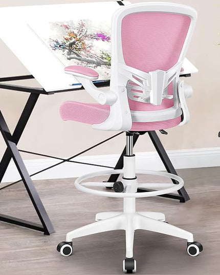MINLOVE Ergonomic Drafting Office Chair, Tall Office Chair with Flip-up Armrests Executive Ergonomic Computer Standing Desk Chair with Lumbar Support and Adjustable Footrest(Pink) - LeafyLoom