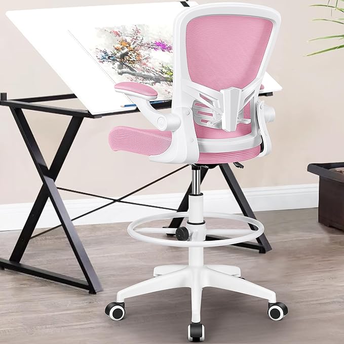 MINLOVE Ergonomic Drafting Office Chair, Tall Office Chair with Flip-up Armrests Executive Ergonomic Computer Standing Desk Chair with Lumbar Support and Adjustable Footrest(Pink) - LeafyLoom