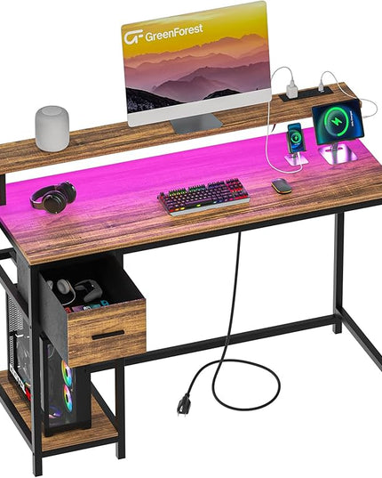 GreenForest Computer Desk with Drawers 47 inch,Gaming Desk with LED Lights & Power Outlets Small Desk with Monitor Stand and Reversible Shelf,Walnut - LeafyLoom