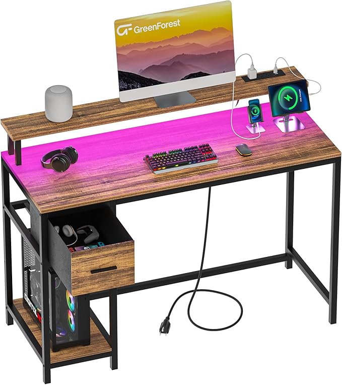 GreenForest Computer Desk with Drawers 47 inch,Gaming Desk with LED Lights & Power Outlets Small Desk with Monitor Stand and Reversible Shelf,Walnut - LeafyLoom