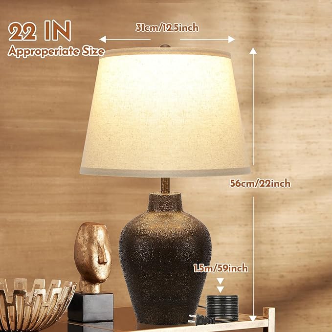 Farmhouse Rustic Table Lamps Set of 2 for Bedroom Living Room End Table Dark Brown Terracotta Nightstand Lamps Bedside Lamps Home Decor 21” Tall, Bulbs Included - LeafyLoom