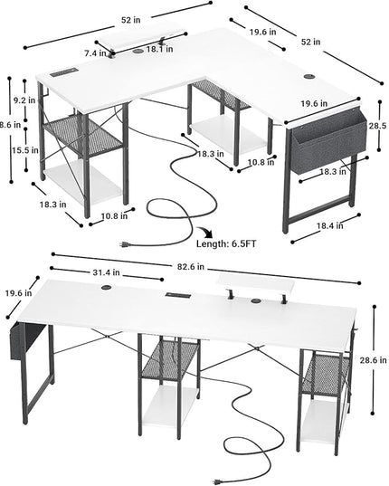 Aheaplus L Shaped Desk with Outlet and USB Charging Ports, L-Shaped Desk with Storage Shelves Reversible Corner Computer Desk 2 Person Long Table with Monitor Stand Gaming Home Office Desk, White - LeafyLoom