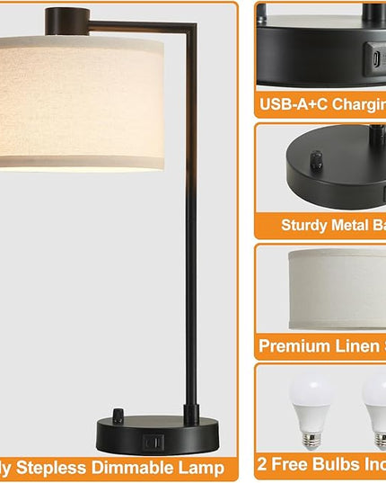Luvkczc Table Lamp for Bedroom Set of 2 with USB C+A Ports, Fully Stepless Dimmable Bedside Lamp with Linen Lampshade, Contemporary Lamp for Living Room Reading Office, 2 LED Bulbs Included (Black) - LeafyLoom