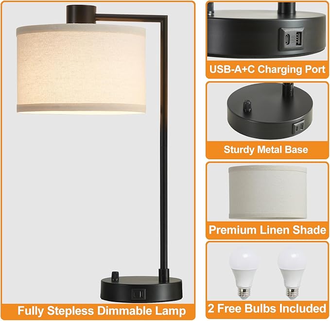Luvkczc Table Lamp for Bedroom Set of 2 with USB C+A Ports, Fully Stepless Dimmable Bedside Lamp with Linen Lampshade, Contemporary Lamp for Living Room Reading Office, 2 LED Bulbs Included (Black) - LeafyLoom