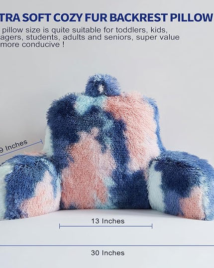 Faux Fur Reading Pillows - Big Size 30x17x17 Inches with Premium Pure White Micro Fiber Stuffing, Students & Kids Backrest Pillow, Bed Rest Pillow, Unique Colorful Design, Awesome Gift - LeafyLoom