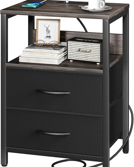 Yoobure Nightstand with Charging Station, Small Night Stand with Fabric Drawers and Storage Shelf for Bedrooms, Nightstands for Small Spaces, Bedside Table with USB Ports & Outlets, Bed Side Table - LeafyLoom