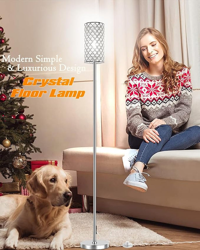 Crystal Floor Lamps - Modern Silver Standing Lamp with 3 CCT LED Bulbs for Elegant Home Decor Living Room and Bedroom Lighting - LeafyLoom