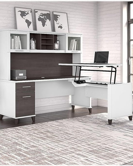 Bush Furniture Somerset 72W 3 Position Sit to Stand L Shaped Desk with Hutch in White and Storm Gray - LeafyLoom