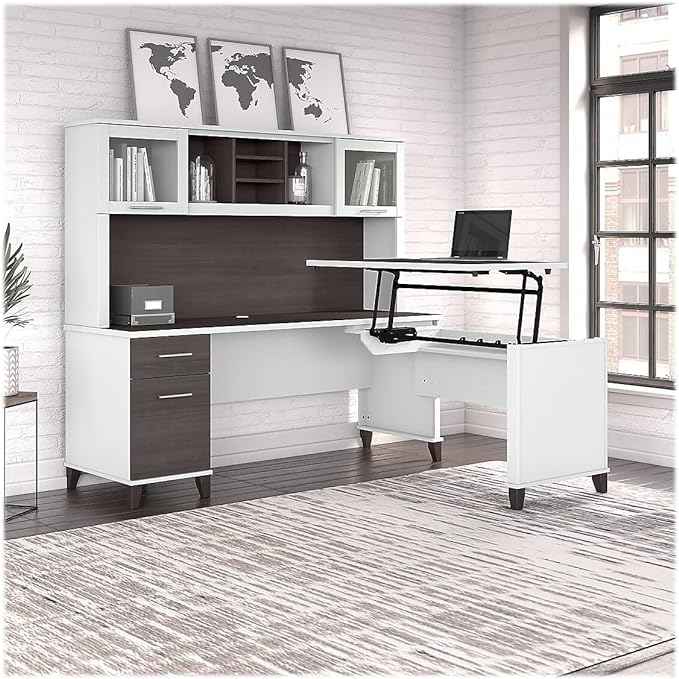 Bush Furniture Somerset 72W 3 Position Sit to Stand L Shaped Desk with Hutch in White and Storm Gray - LeafyLoom