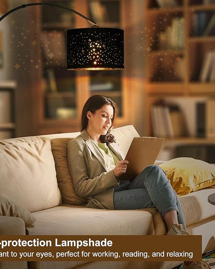 Modern Arc Floor Lamp, Tall Pole Lamp with Black Stars Lampshade, Arched Reading Light with Adjustable Lamp Head, Over Couch Hanging Light Corner Lamp for Living Room, Bedroom, Office (Black) - LeafyLoom
