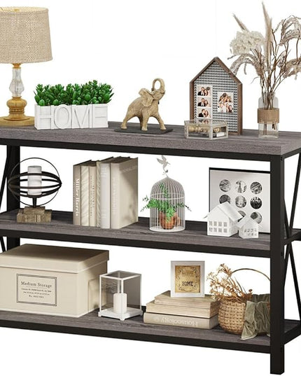 BON AUGURE Rustic Sofa Table Behind Couch, Industrial Console Tables for Entryway, 3 Tier Wood Shelves Entry Table with Storage for Foyer, Hallway, Front Door (47 Inch, Dark Grey Oak) - LeafyLoom