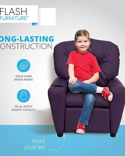 Flash Furniture Chandler Vinyl Kids Recliner with Cup Holder and Safety Recline, Contemporary Reclining Chair for Kids, Supports up to 90 lbs., Purple - LeafyLoom