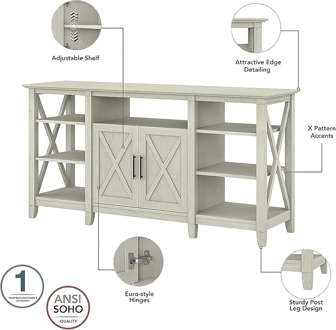 Bush Furniture Key West Tall TV Stand for 65 Inch TV in Linen White Oak, Farmhouse Entertainment Center with Storage - LeafyLoom