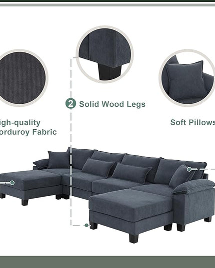 133" Corduroy 6 Seat Freely Combinable Sofa with Armrest Bags,U Shaped Indoor Solid Wood Sectional Couch w/Pillows,for Living Room,Bedroom,Apartment,Office,Lounges,Grey - LeafyLoom