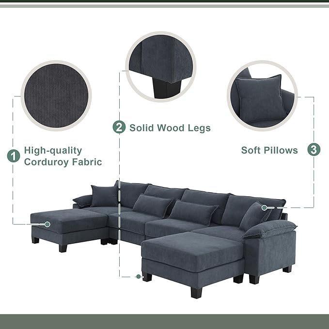 133" Corduroy 6 Seat Freely Combinable Sofa with Armrest Bags,U Shaped Indoor Solid Wood Sectional Couch w/Pillows,for Living Room,Bedroom,Apartment,Office,Lounges,Grey - LeafyLoom