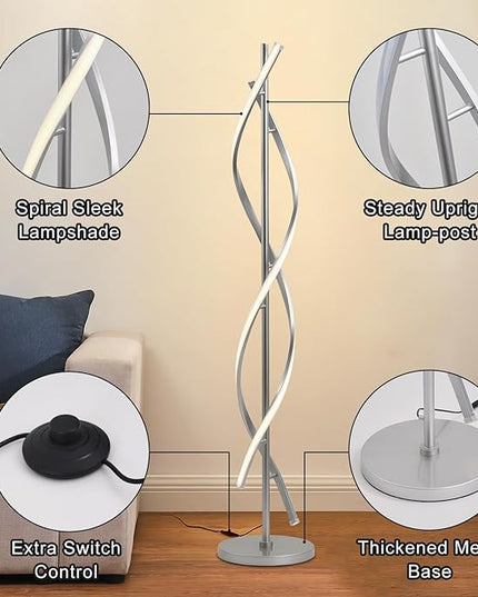 LED Floor Lamps for Living Room, Silver Modern Floor Lamp for Bedroom 60 Inch Spiral Floor Lamp 34W Dimmable 3 Color Temperature Standing Lamp with Timer Corner Floor Lamps for Living Room Clearance - LeafyLoom