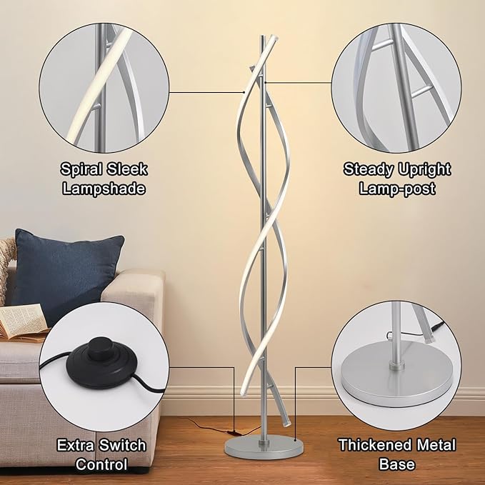 LED Floor Lamps for Living Room, Silver Modern Floor Lamp for Bedroom 60 Inch Spiral Floor Lamp 34W Dimmable 3 Color Temperature Standing Lamp with Timer Corner Floor Lamps for Living Room Clearance - LeafyLoom