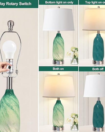 Contemporary Lake Green Glass Table Lamp with 2 USB Ports, 24.5'' Bedside Lamps Built in LED Nightlight with White Shade Coastal Modern Style Nightstand Lamp for Living Room Bedroom Office Décor - LeafyLoom