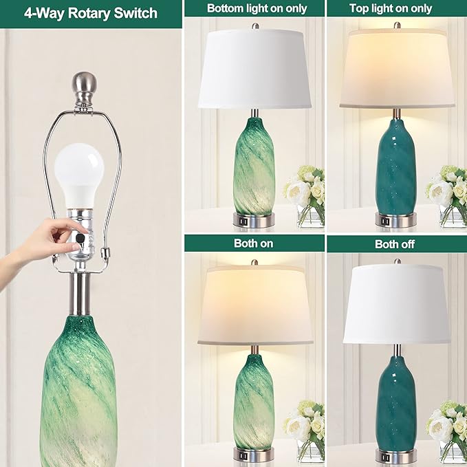 Contemporary Lake Green Glass Table Lamp with 2 USB Ports, 24.5'' Bedside Lamps Built in LED Nightlight with White Shade Coastal Modern Style Nightstand Lamp for Living Room Bedroom Office Décor - LeafyLoom