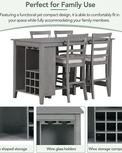 5 Piece Multi-Functional Rubber Wood Counter Height Dining Table Set with Padded Chairs and Integrated 9 Bar Compartment, Wine Glass Holders for Kitchen, Living Room, Grey+Light Gray - LeafyLoom