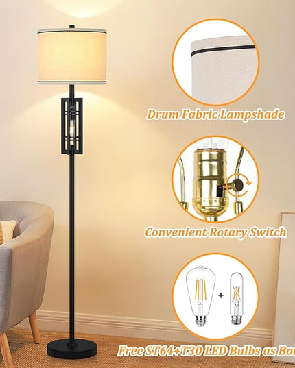 Farmhouse Floor Lamp with Night Light, Black Standing Lamp for Living Room, 2 E26 LED Bulbs Included, Industrial Floor Reading Lamp with Beige Fabric Lampshade, 64” Tall Lamp for Bedroom Office Corner - LeafyLoom