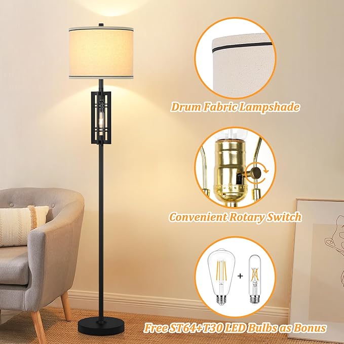 Farmhouse Floor Lamp with Night Light, Black Standing Lamp for Living Room, 2 E26 LED Bulbs Included, Industrial Floor Reading Lamp with Beige Fabric Lampshade, 64” Tall Lamp for Bedroom Office Corner - LeafyLoom