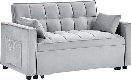Full Size Pull 3 in 1 Convertible, Fluffy Velvet Loveseat Cama, Lounge Sleeper Sofa with Pullout Bed, Small Futon Couch for Living Room, Bedroom, 55" W, Grey - LeafyLoom
