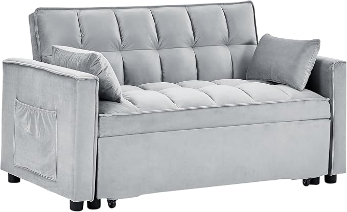 Full Size Pull 3 in 1 Convertible, Fluffy Velvet Loveseat Cama, Lounge Sleeper Sofa with Pullout Bed, Small Futon Couch for Living Room, Bedroom, 55" W, Grey - LeafyLoom