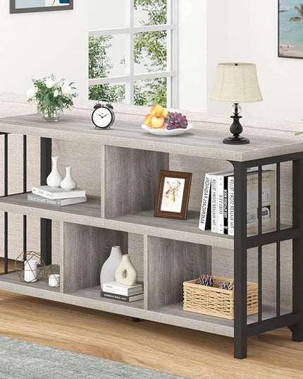 IBF Industrial Horizontal Bookshelf, Modern 5 Cube Storage Organizer Open Shelf, Low Wide Cubby Bookcase for Home Office Living, Wooden Metal Short Book Shelf Bedroom Storage, Light Grey Oak, 47 Inch - LeafyLoom