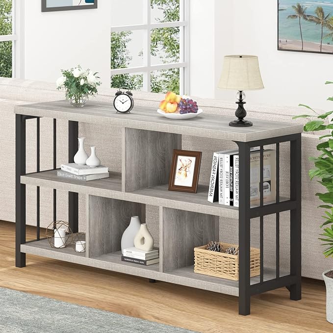 IBF Industrial Horizontal Bookshelf, Modern 5 Cube Storage Organizer Open Shelf, Low Wide Cubby Bookcase for Home Office Living, Wooden Metal Short Book Shelf Bedroom Storage, Light Grey Oak, 47 Inch - LeafyLoom