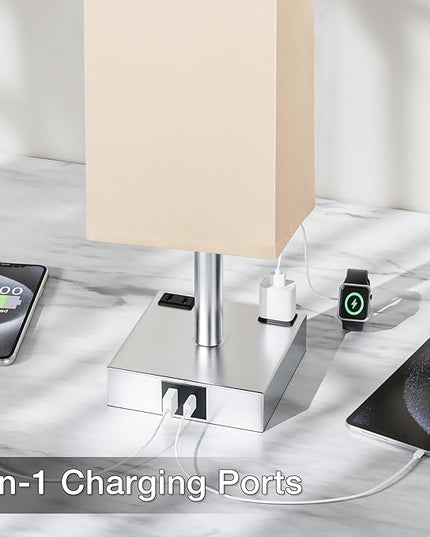 Touch Bedside Table Lamp For Nightstand - 3-Way Dimmable Night Lamp with USB A + Type C Charging Ports and two AC Outlets, Small Desk Light with E26 LED Bulb for Bedroom Living Room Dorm Office - LeafyLoom