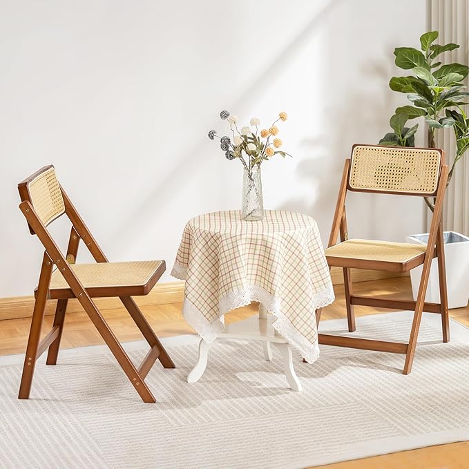 Rattan Folding Chairs, Modern Mid Century Dining Chairs Set of 2, Outdoor Bamboo Chairs for Bedroom Living Room Reading Room Dining Kitchen, Walnut - LeafyLoom