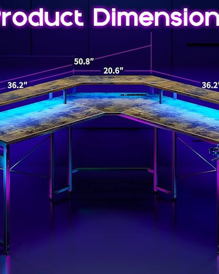 ODK L Shaped Gaming Desk with LED Lights & Power Outlets, 51" Computer Desk with Full Monitor Stand, Corner Desk with Cup Holder, Gaming Table with Hooks, Vintage - LeafyLoom