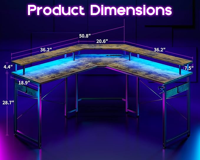 ODK L Shaped Gaming Desk with LED Lights & Power Outlets, 51" Computer Desk with Full Monitor Stand, Corner Desk with Cup Holder, Gaming Table with Hooks, Vintage - LeafyLoom