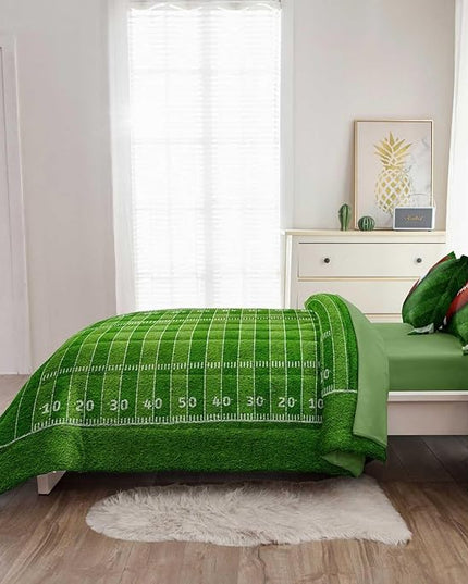 Football Comforter Set Twin Size for Teen Boys, Kids Football Field Bedding Green Themed Bedroom Set with Sheets, Twin Bed in a Bag Set - LeafyLoom