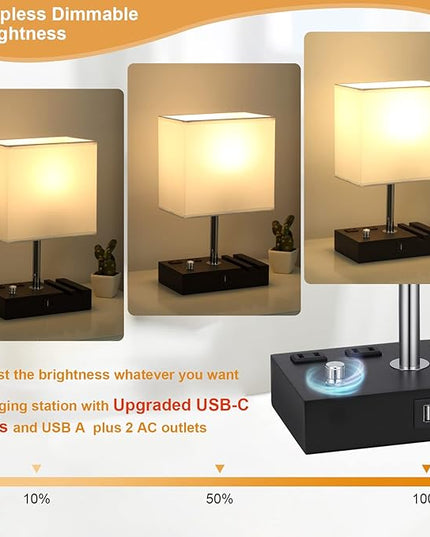 Kakanuo Table Lamp for Bedroom with Dual USB Ports, White Fully Dimmable Bedside Lamp with Phone Stands and 2 Charging Outlets, Desk Lamp for Nightstand and Living Room, LED Bulb Included - LeafyLoom