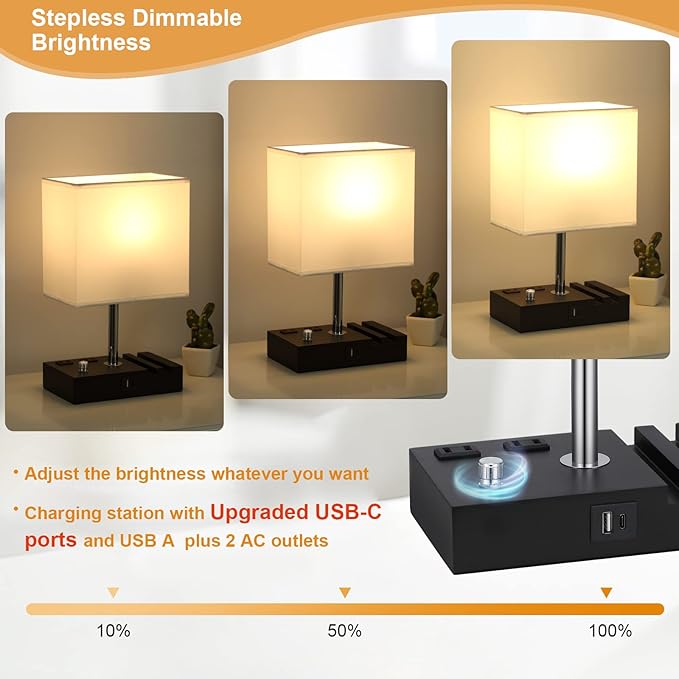 Kakanuo Table Lamp for Bedroom with Dual USB Ports, White Fully Dimmable Bedside Lamp with Phone Stands and 2 Charging Outlets, Desk Lamp for Nightstand and Living Room, LED Bulb Included - LeafyLoom