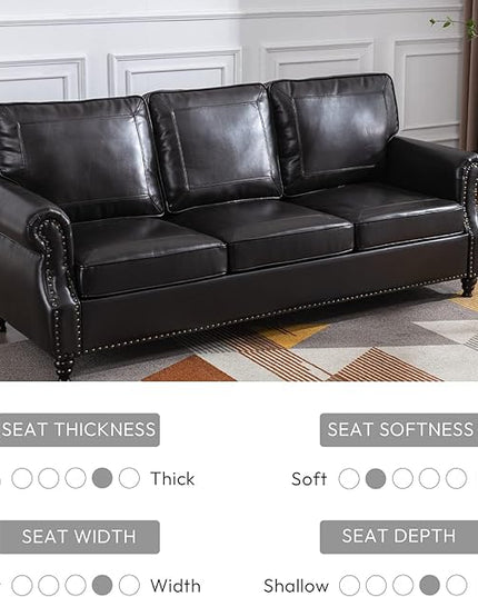 Dreamsir 79'' Traditional Faux Leather Sofa Couch with Nailhead Trim, Classic 3-Seater Couch with Rolled Arms for Living Room, Bedroom, Apartment, Easy Assembly (Charcoal) - LeafyLoom
