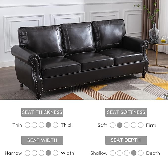 Dreamsir 79'' Traditional Faux Leather Sofa Couch with Nailhead Trim, Classic 3-Seater Couch with Rolled Arms for Living Room, Bedroom, Apartment, Easy Assembly (Charcoal) - LeafyLoom