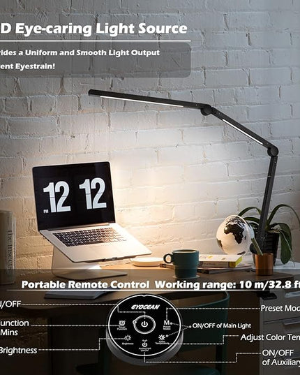 Desk Lamp, LED Desk Lamp with Clamp for Home Office, High Brightness Dimmable Desk Light, Adjustable Color Temperature Swing Arm Architect Lamp with Memory & Timing,Touch control Clamp Lamp - LeafyLoom