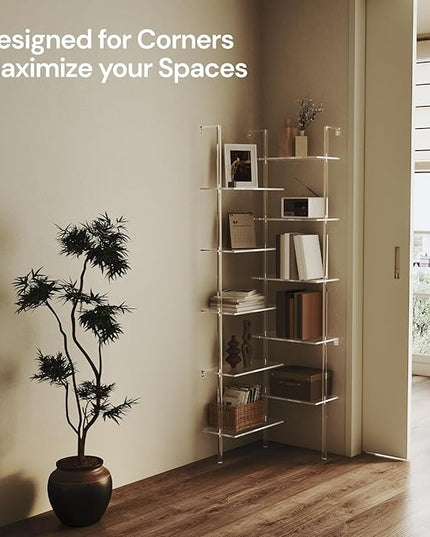Acrylic Corner Bookshelf, Wall Mounted, 10-Tier L Shaped Bookshelf with Open Shelves, Multipurpose Clear Ladder Bookcase for Living Room, Bathroom, Office, Modern, 73.6" H - LeafyLoom