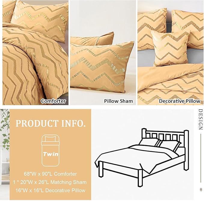 Yellow Gold Comforter Set Twin Size Metallic Bedding Set for Girls Lightweight Microfiber Comforter Set,3 Piece (1 Matching Sham + 1 Decorative Pillow) - LeafyLoom