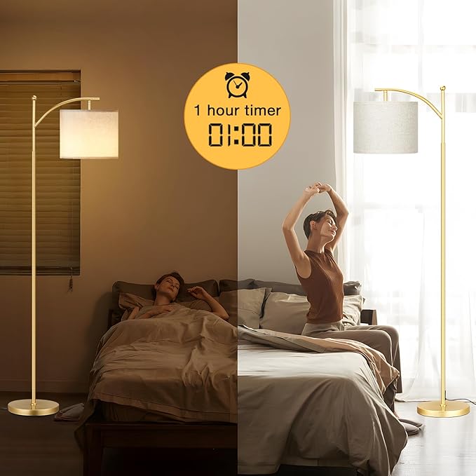 Ambimall Floor Lamp with Remote Control and Stepless Dimmable Bulb, Colors Temperature & Brightness Adjustable, Modern Floor Lamps for Living Room（Beige Shade & Gold Pole） - LeafyLoom