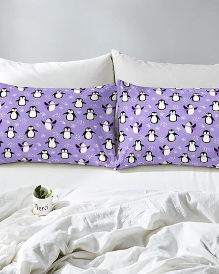 Penguin Comforter Set King Size Kawaii Penguin Down Comforter Antarctic Animal Bedding Set for Kids Boys Girls Teens Cartoon Cute Winter Quilt Set Snowflake Pattern Duvet Set Room Decor, Purple - LeafyLoom