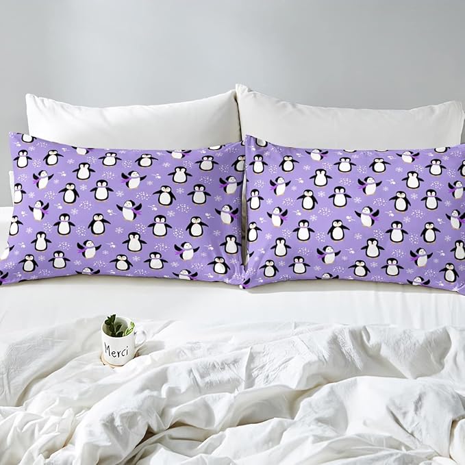 Penguin Comforter Set King Size Kawaii Penguin Down Comforter Antarctic Animal Bedding Set for Kids Boys Girls Teens Cartoon Cute Winter Quilt Set Snowflake Pattern Duvet Set Room Decor, Purple - LeafyLoom