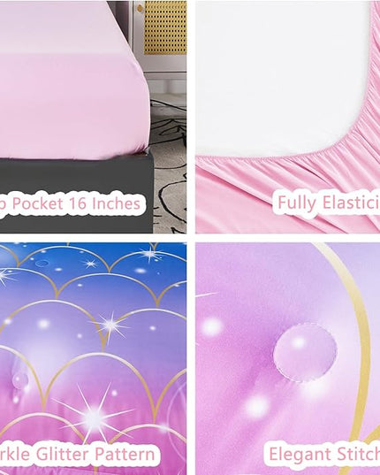 URBONUR 6Pcs Mermaid Comforter Set for Girls Full Size Bed in a Bag Pink Purple Blue Sparkle Glitter Bedding Set Soft All Season Comforter with Sheet Set - LeafyLoom