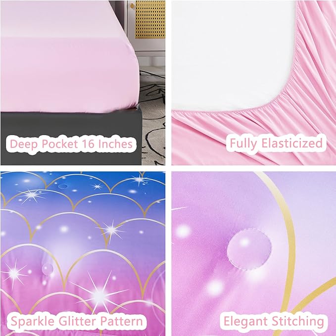 URBONUR 6Pcs Mermaid Comforter Set for Girls Full Size Bed in a Bag Pink Purple Blue Sparkle Glitter Bedding Set Soft All Season Comforter with Sheet Set - LeafyLoom
