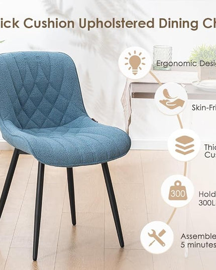 YOUNUOKE Comfortable Dining Chairs Set of 2, Mid-Century Modern Kitchen Dining Room Chairs, Upholstered Backrest Boucle Dining Chair with Black Metal, Sky Blue - LeafyLoom
